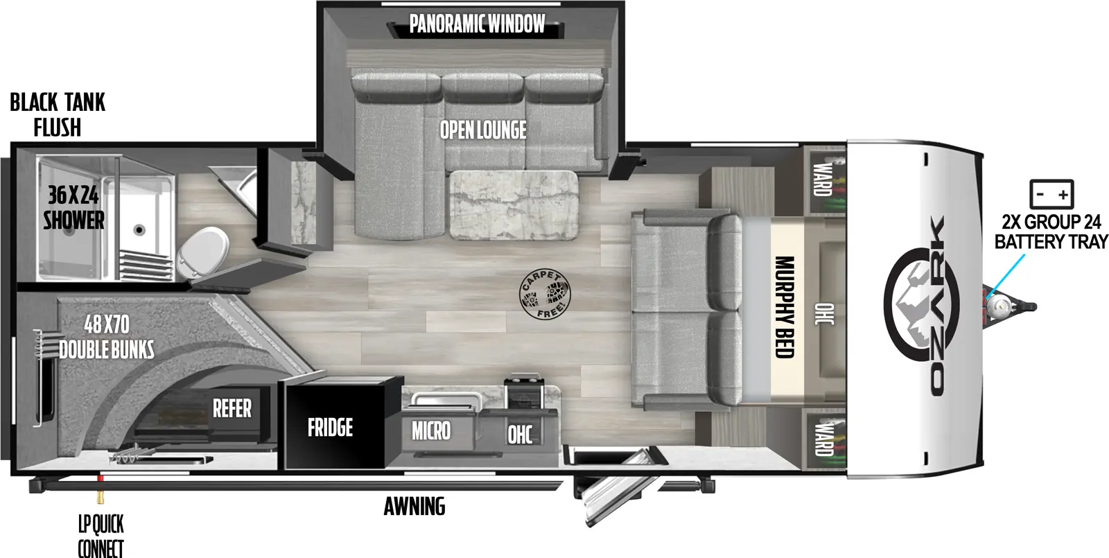 The Ozark 1680BSK floorplan has one entry and one slide out. Exterior features include: fiberglass exterior and 14' awning. Interiors features include: bunk beds and murphy bed.